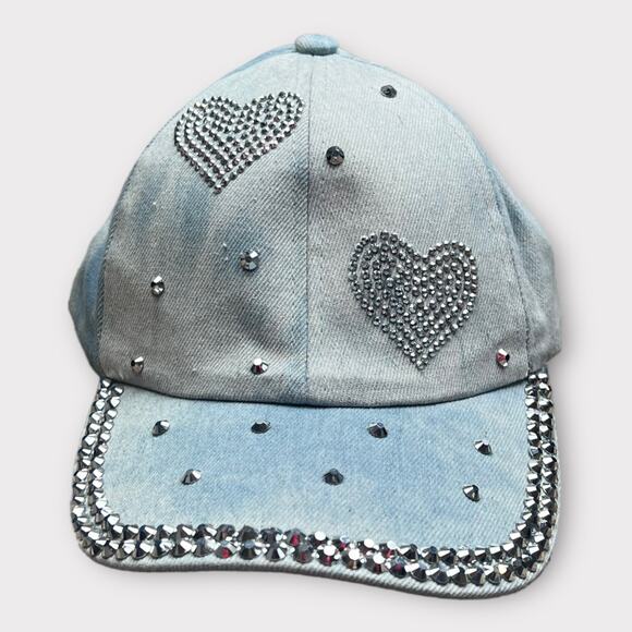 Baseball Denim Adjustable Cap | Double Rhinestone Hearts Design Blue/Silver - Picture 1 of 5
